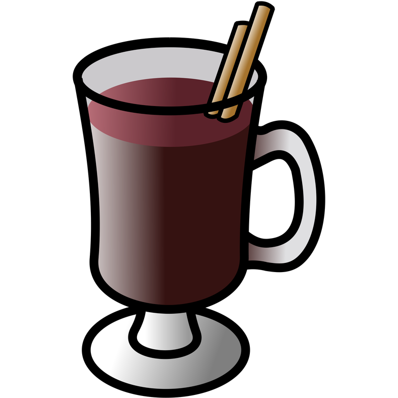 a clear glass with a handle, filled with deep red wine and with two cinnamon sticks in it.
